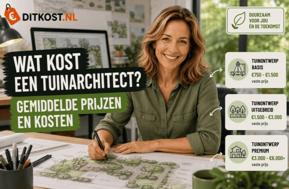 Wat kost een tuinarchitect Tuinarchitect werkt aan een professioneel tuinontwerp aan een bureau met een overzicht van gemiddelde prijzen en kosten voor tuinarchitectuur.
