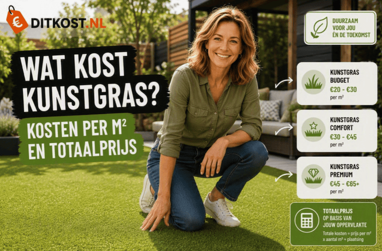 Wat kost kunstgras. Persoon zit op kunstgras in een moderne tuin met een overzicht van de kosten per m² en de totale prijs van kunstgras.