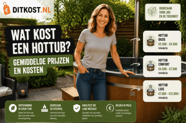 Sanne staat naast een houten hottub in een groene tuin met een overzicht van gemiddelde prijzen en kosten voor verschillende hottubs.