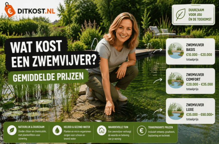 wat kost een zwemvijfer. Sanne zit gehurkt bij een natuurlijke zwemvijver en houdt één hand in het water, met een overzicht van gemiddelde prijzen.