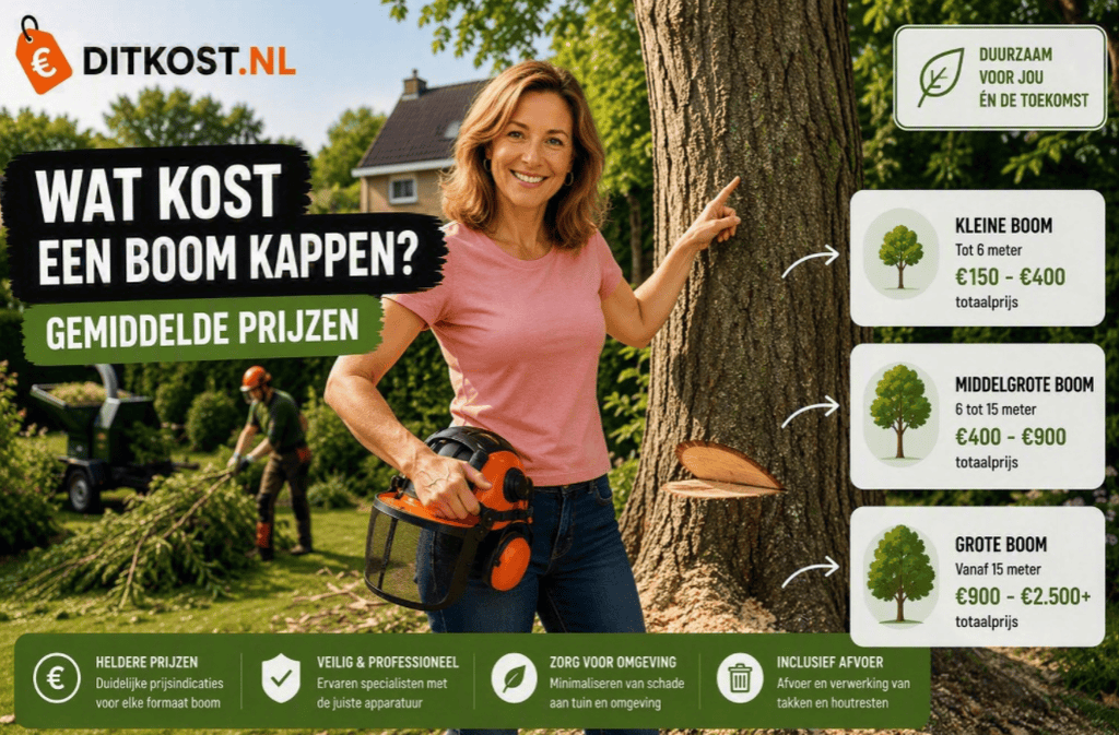 Persoon staat naast een grote boom met een veiligheidshelm in de hand, terwijl op de achtergrond boomverzorgingswerkzaamheden plaatsvinden. Overzicht van gemiddelde prijzen voor het kappen van bomen.