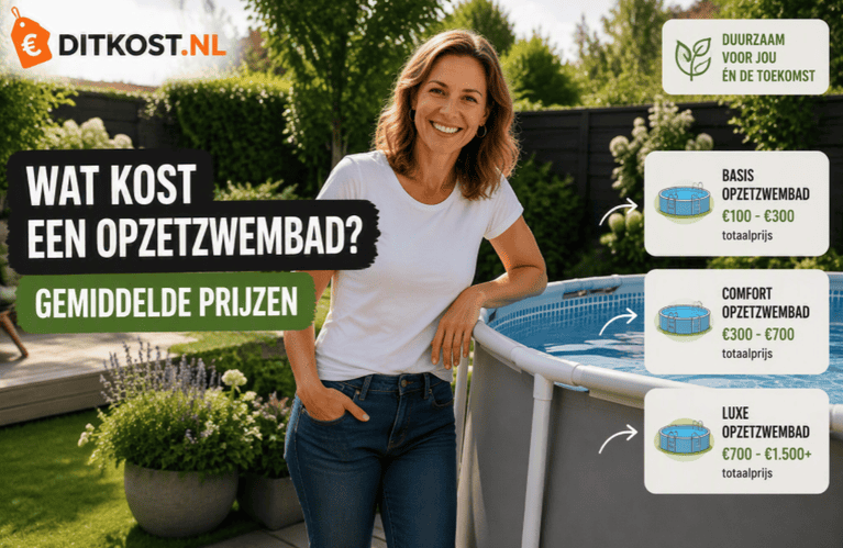 Persoon staat naast een opzetzwembad in een groene achtertuin met een overzicht van gemiddelde prijzen voor verschillende soorten opzetzwembaden.
