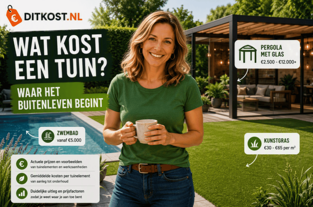 Sanne staat in een moderne tuin met een zwembad, kunstgras en een pergola met glas, met prijsvoorbeelden van deze tuinelementen.