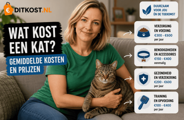 Sanne zit op een bank met een kat op schoot. Overzicht van de gemiddelde kosten van een kat, inclusief voeding, accessoires, gezondheid en verzorging.