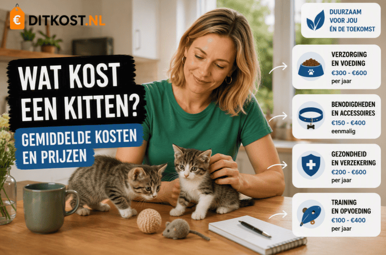 Sanne zit aan een keukentafel met twee kittens. De hero-afbeelding geeft een overzicht van de gemiddelde kosten van een kitten, zoals voeding, accessoires, gezondheid en verzorging.