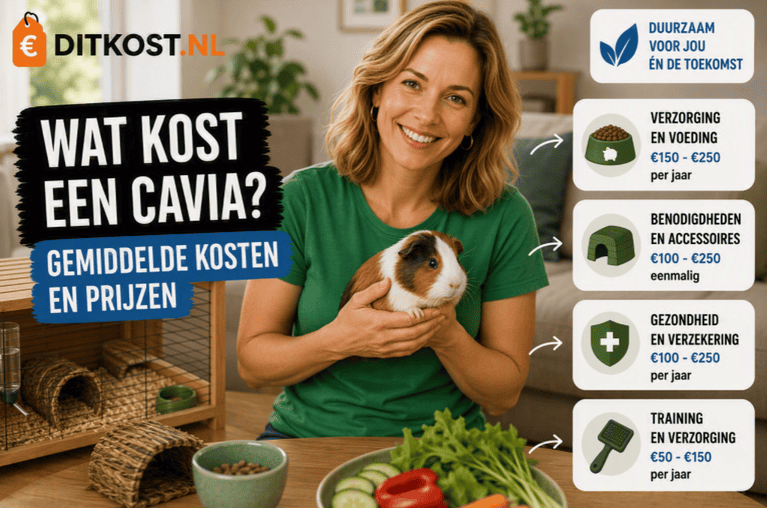 Sanne zit binnen met een cavia in haar handen. De afbeelding toont de gemiddelde kosten van een cavia, waaronder voeding, huisvesting, accessoires en gezondheidszorg.