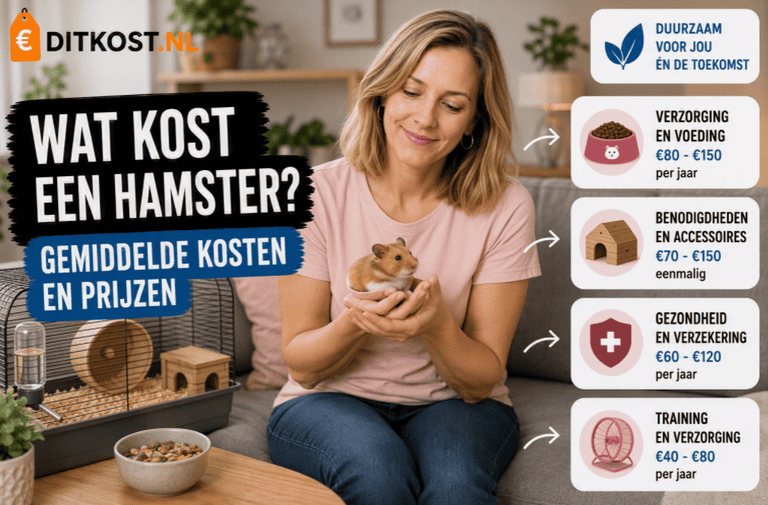 Sanne zit op een bank met een hamster in haar handen en kijkt glimlachend naar het dier. De afbeelding geeft een overzicht van de gemiddelde kosten van een hamster, inclusief voeding, verblijf, accessoires en gezondheidszorg.