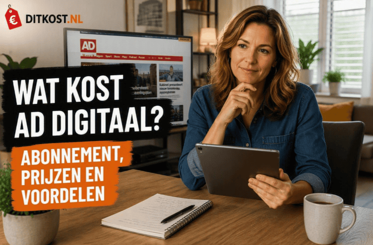 Wat kost AD Digitaal abonnement met Sanne die een tablet vasthoudt in een moderne woonkamer terwijl de digitale nieuwsomgeving op een scherm zichtbaar is.