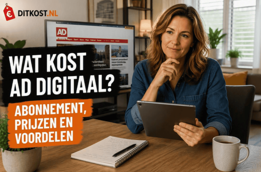Wat kost AD Digitaal abonnement met Sanne die een tablet vasthoudt in een moderne woonkamer terwijl de digitale nieuwsomgeving op een scherm zichtbaar is.