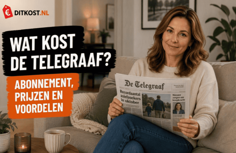 Wat kost De Telegraaf abonnement met Sanne die op een bank in een rustige woonkamer zit en een krant vasthoudt terwijl zij in de camera kijkt.