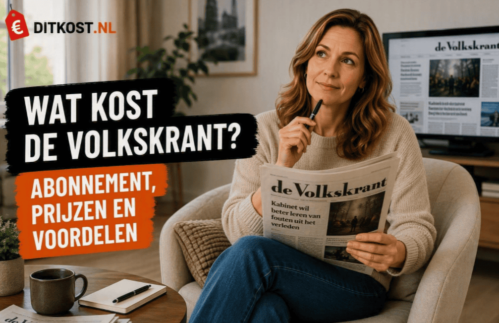 Wat kost de Volkskrant abonnement met Sanne die in een comfortabele stoel zit, een krant vasthoudt en abonnementsopties vergelijkt.