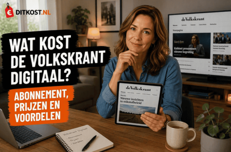 Wat kost de Volkskrant Digitaal abonnement met Sanne die een tablet vasthoudt in een moderne woonkamer en rechtstreeks in de camera kijkt.