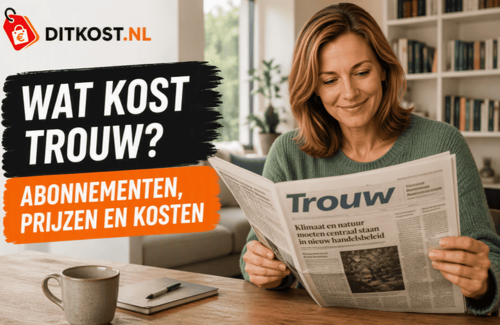 Sanne zit aan een tafel in een lichte woonkamer en leest de krant Trouw naast de titel "Wat kost Trouw?" met de subtitel "Abonnementen, prijzen en kosten".