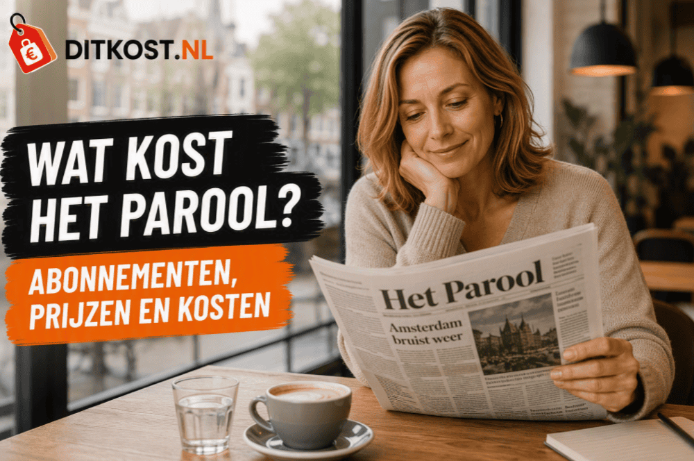 Sanne leest Het Parool aan een tafel in een Amsterdams café, naast de titel “Wat kost Het Parool?” en de subtitel “Abonnementen, prijzen en kosten”.