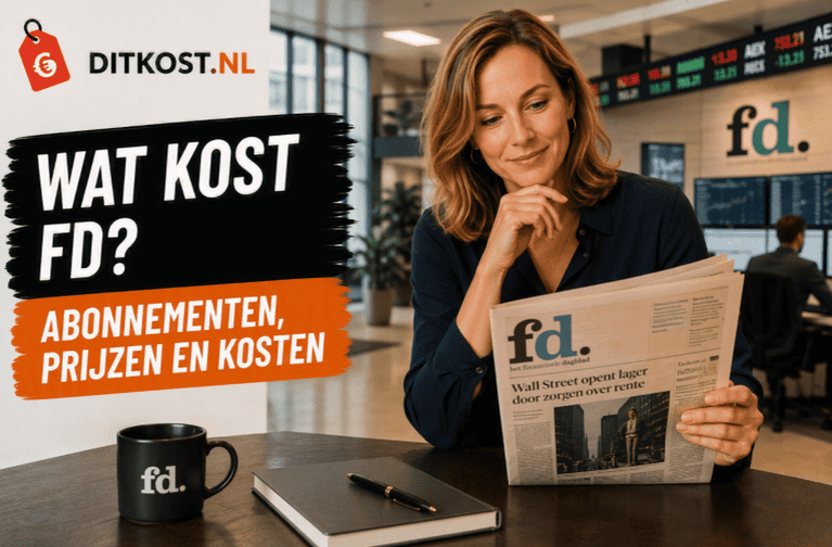 Persoon leest het Financieele Dagblad aan een tafel in een moderne financiële werkomgeving, naast de titel “Wat kost FD?” en de subtitel “Abonnementen, prijzen en kosten”.
