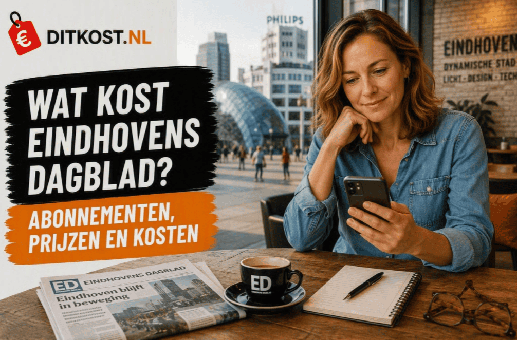 Sanne bekijkt nieuws op een smartphone in een modern café met uitzicht op Eindhoven, naast de titel “Wat kost Eindhovens Dagblad?” en de subtitel “Abonnementen, prijzen en kosten”.