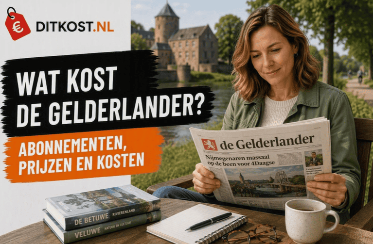 Sanne leest De Gelderlander op een terras aan het water, met een Gelders kasteel op de achtergrond, naast de titel “Wat kost De Gelderlander?” en de subtitel “Abonnementen, prijzen en kosten”.