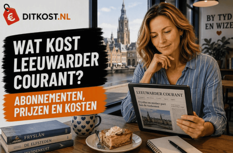Sanne leest de digitale versie van de Leeuwarder Courant op een tablet in een Fries café aan het water, naast de titel “Wat kost Leeuwarder Courant?” en de subtitel “Abonnementen, prijzen en kosten”.