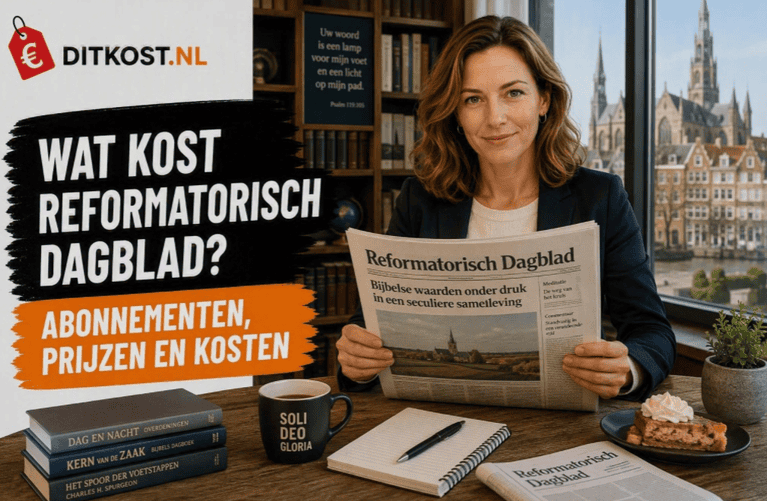 Persoon kijkt recht in de camera terwijl een exemplaar van het Reformatorisch Dagblad wordt vastgehouden in een rustige studeer- en leesomgeving, naast de titel “Wat kost Reformatorisch Dagblad?” en de subtitel “Abonnementen, prijzen en kosten”.