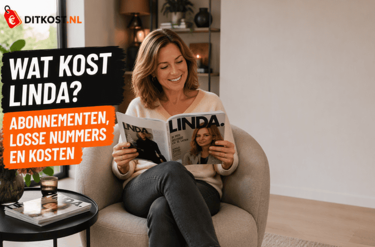 Sanne zit in een comfortabele fauteuil en leest het tijdschrift LINDA. in een sfeervolle woonkamer, naast de titel "Wat kost LINDA?".