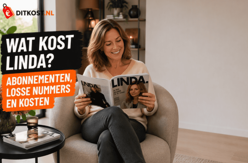 Sanne zit in een comfortabele fauteuil en leest het tijdschrift LINDA. in een sfeervolle woonkamer, naast de titel "Wat kost LINDA?".
