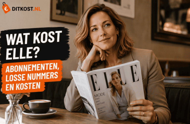 Persoon zit aan een tafeltje in een stijlvol café en leest het tijdschrift ELLE, naast de titel "Wat kost ELLE?".