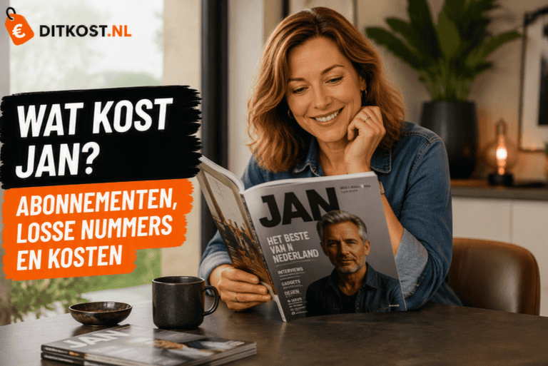 Persoon zit aan een eettafel in een stijlvolle woonomgeving en leest het tijdschrift JAN, naast de titel "Wat kost JAN?".