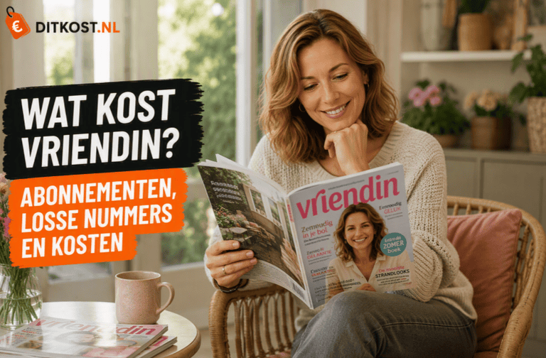 Sanne zit in een comfortabele rotan stoel in een lichte serre en leest het tijdschrift Vriendin, naast de titel "Wat kost Vriendin?".