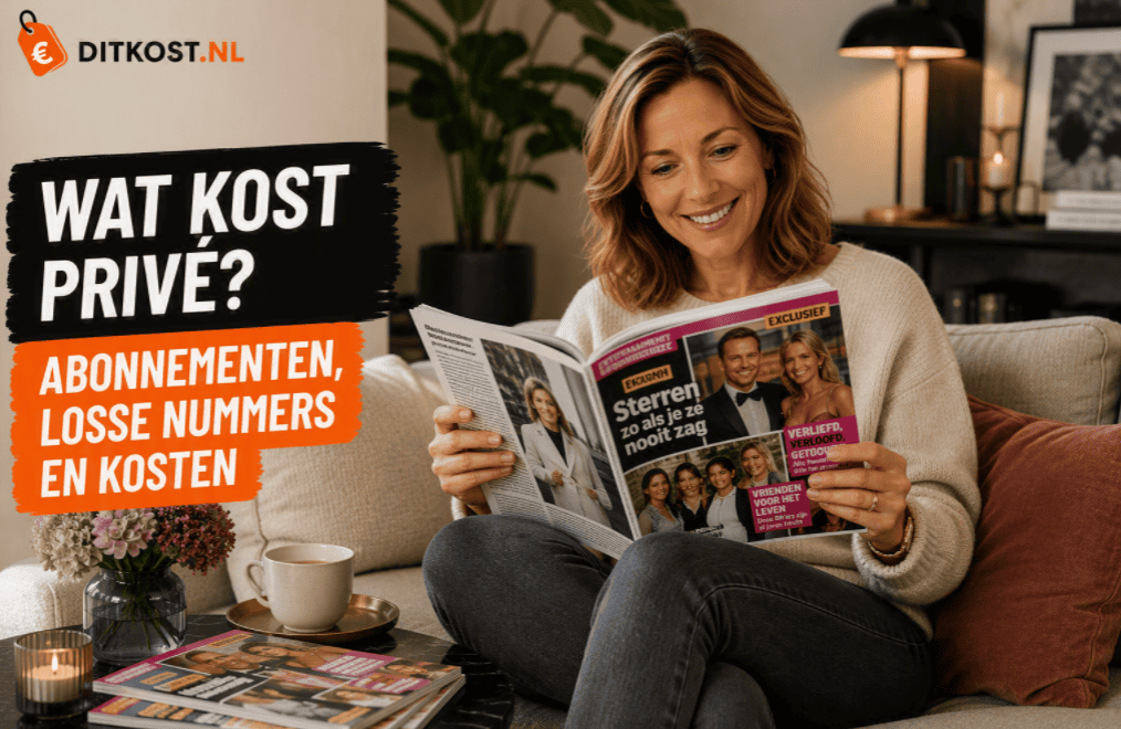 Sanne zit comfortabel op een bank in een moderne woonkamer en leest een entertainmentmagazine, naast de titel "Wat kost Privé?".