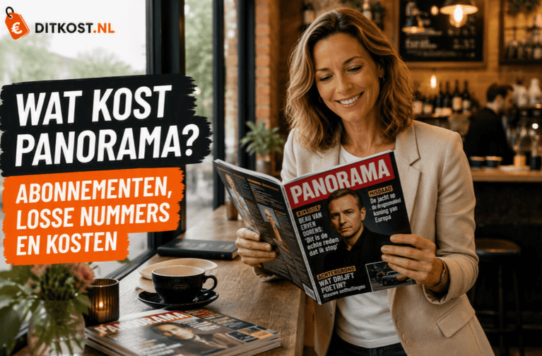 Sanne staat aan een hoge tafel in een stijlvolle koffiebar en leest het tijdschrift Panorama, naast de titel "Wat kost Panorama?".