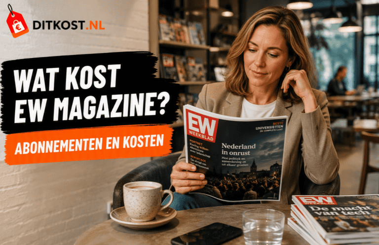 Persoon leest EW Magazine aan een tafeltje in een moderne leescafé-omgeving terwijl de titel "Wat kost EW Magazine?" prominent in beeld staat.