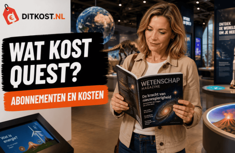 Persoon leest een populair-wetenschappelijk tijdschrift in een modern science center met interactieve tentoonstellingen en educatieve displays.