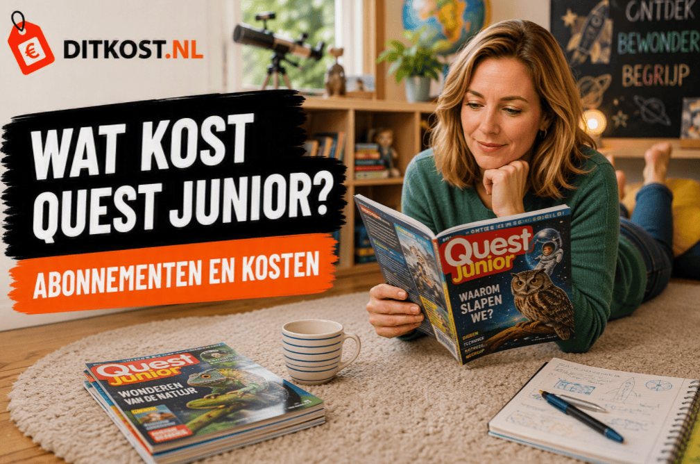 Persoon leest Quest Junior liggend op een kleed in een kindvriendelijke leeromgeving met boeken, wetenschapselementen en ontdekkingsmateriaal.