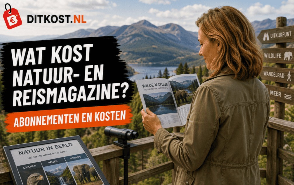 Persoon leest een natuur- en reismagazine op een uitkijkplatform in een natuurgebied.
