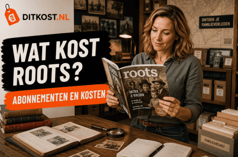 Persoon leest een genealogie- en familiegeschiedenismagazine in een archiefruimte met oude foto's, familiedocumenten en historische kaarten.