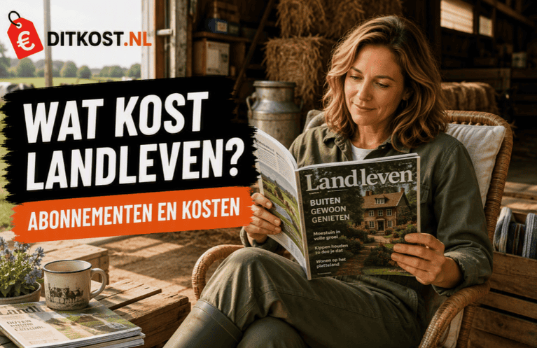 Persoon leest een landelijk woon- en buitenlevenmagazine in een rustieke boerenschuur met uitzicht op weilanden en het platteland.