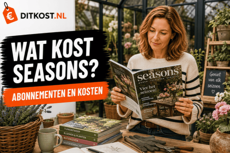 Persoon leest een lifestyle- en tuinmagazine in een sfeervolle kasomgeving vol bloemen, planten en seizoensdecoratie.