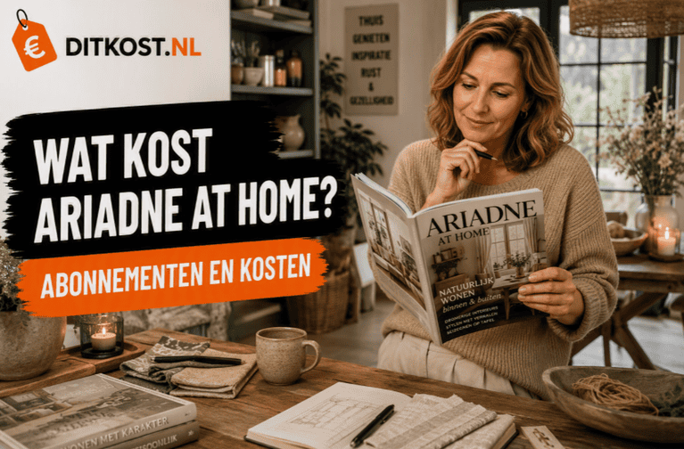 Persoon leest een woon- en lifestylemagazine aan een landelijke woonkeukentafel met natuurlijke materialen, interieuraccessoires en sfeervolle decoratie.