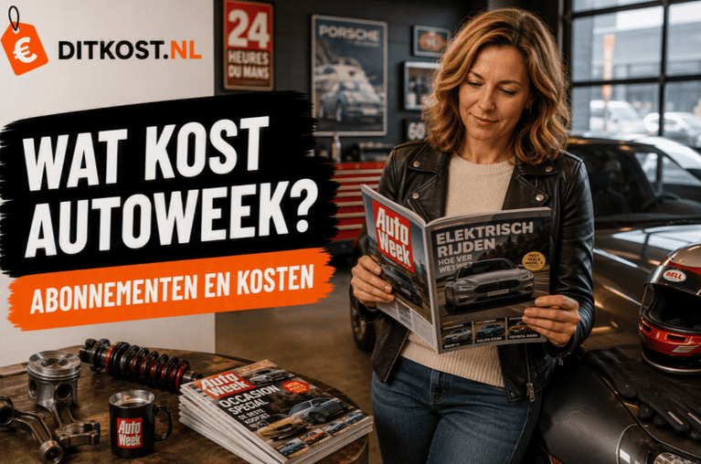 Persoon leest een automagazine in een moderne werkplaats met sportauto’s, auto-onderdelen en motorsportaccessoires.