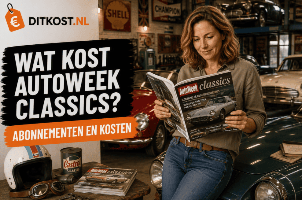 Persoon leest een klassieker-automagazine in een showroom met klassieke auto's, historische automobilia en vintage raceaccessoires.