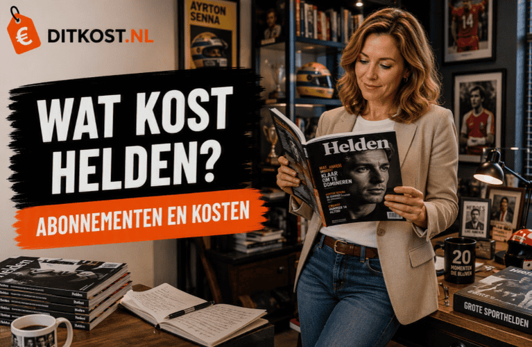 Persoon leest een sport- en inspiratieblad in een ruimte vol sportmemorabilia, biografieën, trofeeën en foto's van bekende sportmomenten.