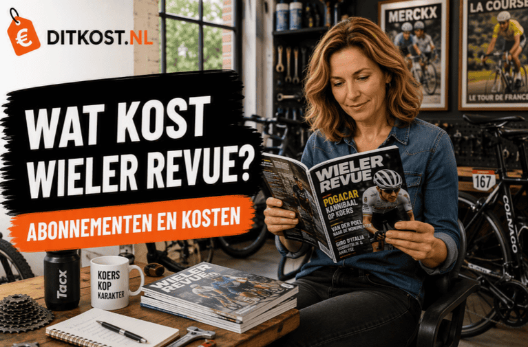 Persoon leest een wielermagazine in een gespecialiseerde fietsenwerkplaats met racefietsen, wielerposters en onderhoudsgereedschap.