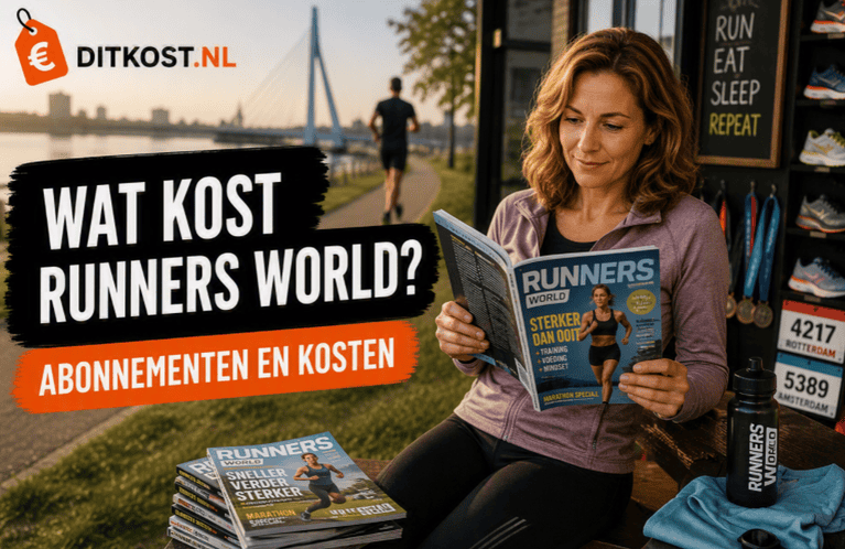 Persoon leest een hardloopmagazine op een bankje langs een hardlooproute met sportaccessoires, medailles en een uitzicht op een stedelijke skyline.