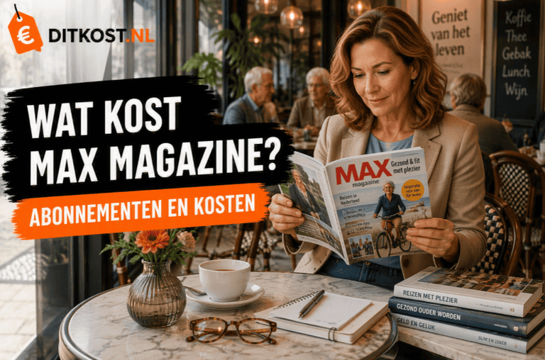 Persoon leest MAX Magazine aan een tafeltje in een sfeervol grand café terwijl boeken over gezondheid, reizen en actief ouder worden op tafel liggen.