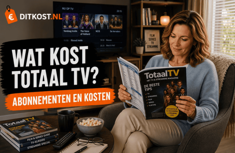 Persoon leest Totaal TV in een comfortabele fauteuil in een moderne woonkamer met televisie, streamingdiensten en entertainmentaccessoires op de achtergrond.
