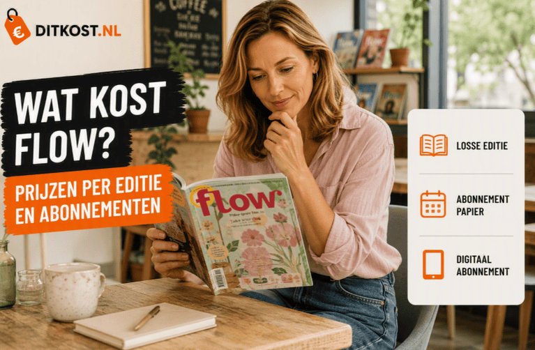 Sanne zit aan een houten tafel in een sfeervol café en bekijkt een Flow-tijdschrift. Links staan het DITKOST.NL-logo en de titel “Wat kost Flow?”, rechts worden de verschillende abonnementsvormen vermeld.