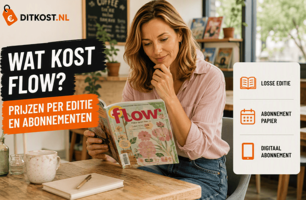 Sanne zit aan een houten tafel in een sfeervol café en bekijkt een Flow-tijdschrift. Links staan het DITKOST.NL-logo en de titel “Wat kost Flow?”, rechts worden de verschillende abonnementsvormen vermeld.
