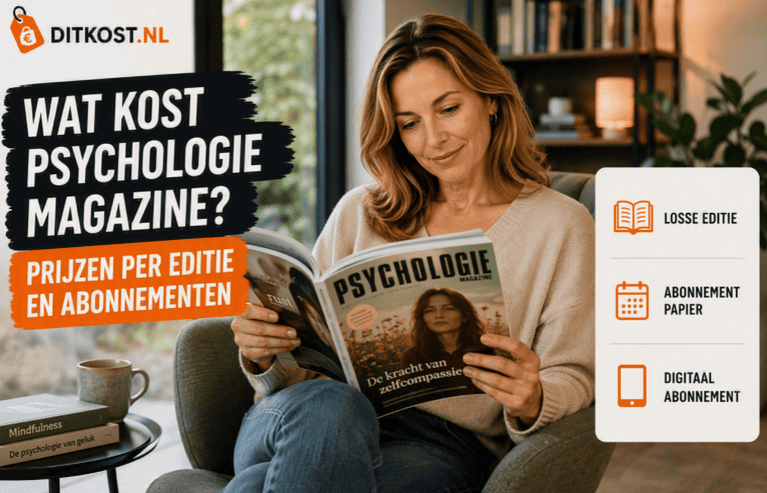 DITKOST.NL-afbeelding over de kosten van Psychologie Magazine. Een persoon zit in een comfortabele fauteuil in een rustige leeshoek met boekenkast en leest een exemplaar van Psychologie Magazine. Links staat de titel “Wat kost Psychologie Magazine?” en rechts een overzicht van editie- en abonnementsvormen.