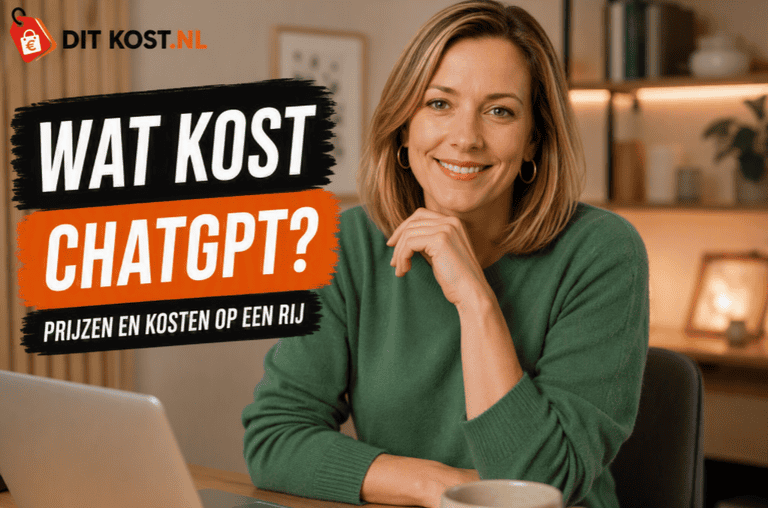 Ditkost.nl-afbeelding over de kosten van ChatGPT met een fictief persoon in een moderne thuiswerkruimte. De persoon kijkt lachend recht in de camera terwijl links de titel “Wat kost ChatGPT?” staat met de subtitel “Prijzen en kosten op een rij”.