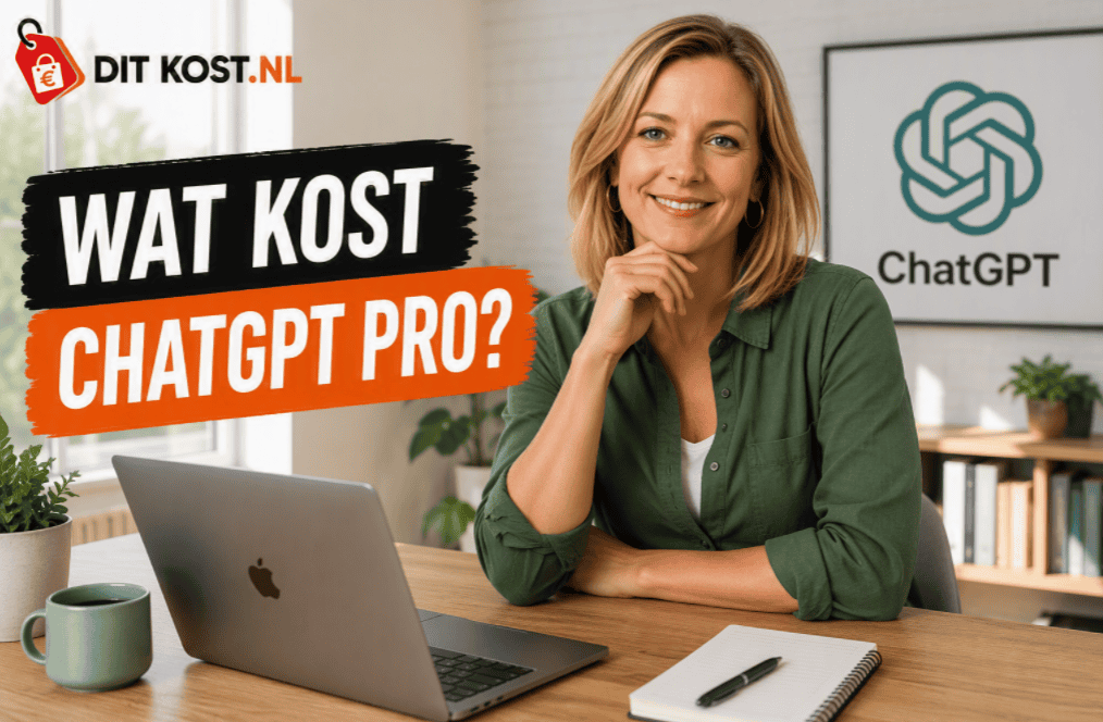 Ditkost.nl-afbeelding over de kosten van ChatGPT Pro met een fictief persoon in een lichte, moderne kantooromgeving. De persoon zit aan een bureau met laptop en notitieblok, kijkt recht in de camera en op de achtergrond is een ChatGPT-logo zichtbaar. Links staat de titel “Wat kost ChatGPT Pro?”.